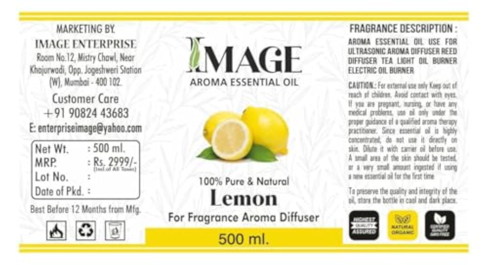 Natural Aroma Essential Oil Diffuser Fragrance, Lemon 500ML