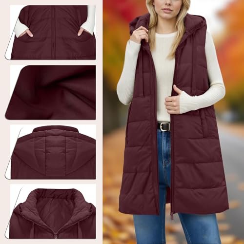 Womens Long Puffer Vest with Hood Casual Sleeveless Puffy Quilted Jacket 2025 Fall Winter Coat Zip Up Outerwear2