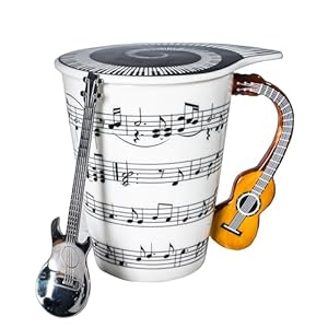 Guitar Novelty Mug Unique Musical Gift Coffee Cup with Cool Music Themed Lid & Guitar Handle Design & Guitar Spoon, Great Gifts for Music Teacher, & Guitar Lovers for Holidays, Fathers Day, Men, Women