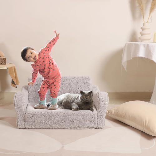 MOMCAYWEX Kids Sofa, 2-in-1 Flip-Out Foam Couch with Soft Sherpa Cover, Cozy Play Lounge Chair, Grey, Large by MOMCAYWEX - Image 3