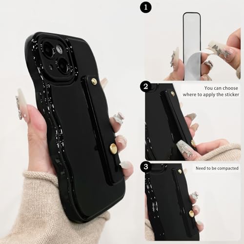 NITITOP Compatible with iPhone 15 Plus Case Cute Simple Wave Design Stylish Wavy Curly Frame with Wrist Adjustable Hand Strap Kickstand Grip Holder Soft Silicone Protective Cover - Black by NITITOP - Image 2