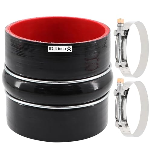 Image of Straight Coupler Silicone Hose ID 4 inch 4 Ply Polyester Reinforcement as Turbocharger Tube Air Intake Pipe with 2 Stainless Steel T Clamps