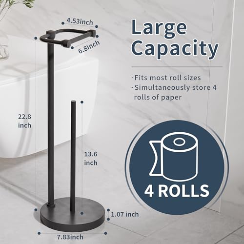 Image of RARXTR Toilet Paper Holder Stand, Post Pivoting Design Free Standing Toilet Paper Holder with Storage for 4 Rolls, SUS304 Stainless Steel Tissue Holder with Reserve, Heavy-Duty Base (Matte Black)