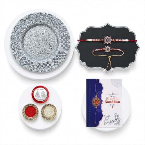 Image of Oblivion Designer Bead Stone Diamond Design Rakhi for Bhaiya, Handmade Thread Bracelet with Fancy Pooja Thali, Roli Tikka, Silver Color Coin & Greeting Card | Rakshabandhan Festive Gifting, Pack of 5