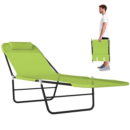 Outsunny Folding Chaise Lounge Chair, Pool Sun Tanning Chair, Outdoor Lounge Chair with Reclining Back, Breathable Mesh Seat, Headrest for Beach, Yard, Patio, Green