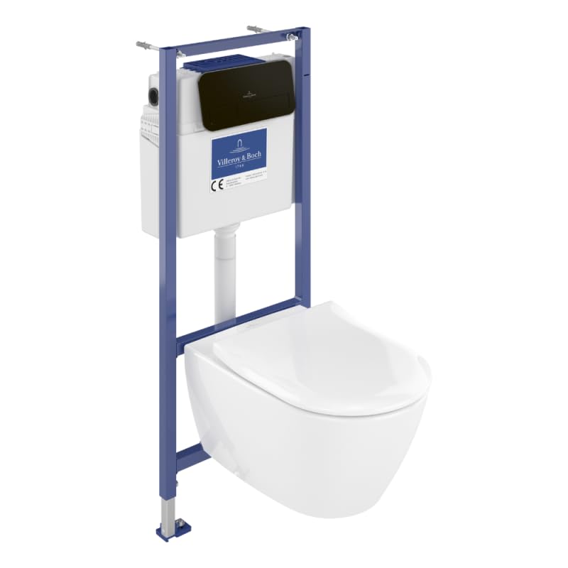 Pack WC sans Bride VILLEROY ET BOCH Subway 2.0 avec abattant Frein de Chute + bâti Viconnect Pro + Plaque Noir Mat