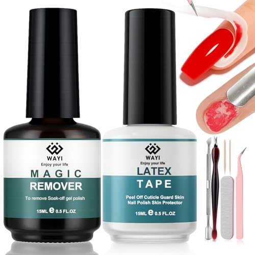 WAYI Gel Polish Remover Kit – Magic Gel Remover + Liquid Latex Cuticle Guard + Nail Tools Set, No Soak Fast Gel Nail Polish Removal, Easy Peel Off for Salon & DIY at Home
