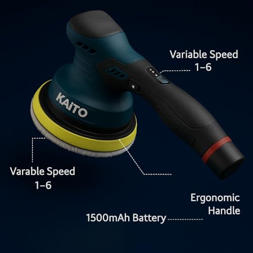 Image of KAITO 12V Cordless Car Polisher & Buffer Kit, 6-Speed Dual Action Orbital Polisher with 2 Batteries, Complete Car Detailing Kit with Pads, Wax & Microfiber Towels for Auto & Home Use