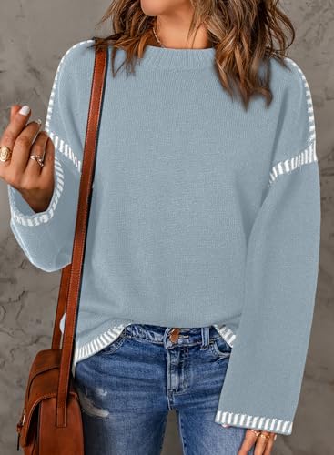 Image of Dokotoo Sweaters for Women Fashion Solid Crewneck Loose Fit Long Sleeve Contrast Cable Knit Pullover Sweater Jumper Tops
