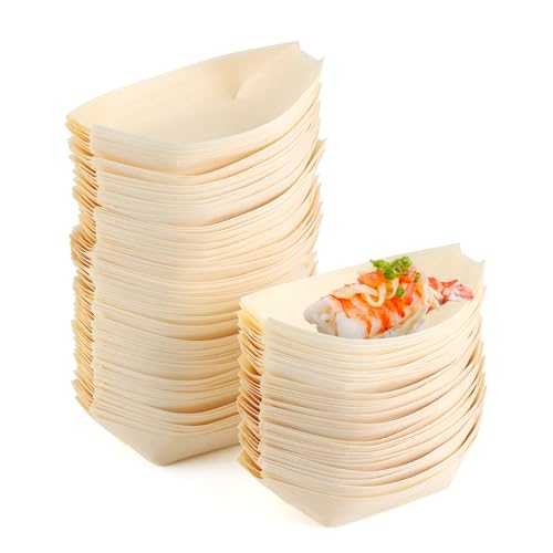 TYSM-CC 100 Piezas Cuencos Madera Desechables, Degradables Forma de Barco Cuencos Aperitivos Desechables para Postres Curry Salchichas