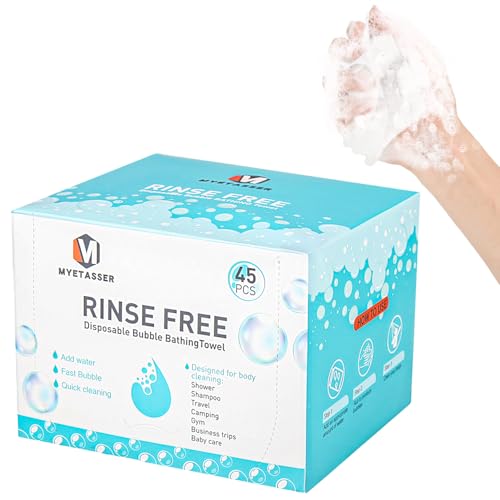 Toallas de baño desechables sin enjuagar, lavar el baño sin agua, 45 unidades, simplemente humedecer, hacer espuma y ya está lista para usar, para viajes, postoperatorio/cuidado de ancianos, y para la
