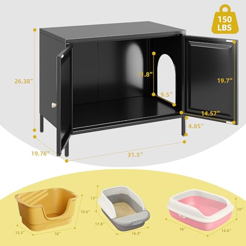 Aobabo Cat Litter Box Enclosure, Metal Cat Washroom Furniture with Barn Door, Pet House, Fit Most of Litter Box, Black, Assembly Required - Thumbnail 2