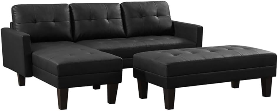 Leather Sectional Sofa Bed, L-Shape Chaise Lounge with Ottoman Bench for Liveing Room