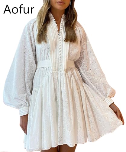 Image of Summer Cotton V Neck Long Losse Sleeve Casual Party A-Line Dresses Embroidery Short Dress