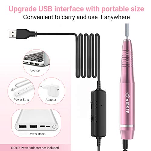 AIRSEE Electric Nail Drill, USB Manicure Pen Sander Polisher, Professional Compact Electrical Nail Files Electric Kit, Efile Nail Drills For Acrylic Nails, Manicure Pedicure Shape Nail Supply, Pink