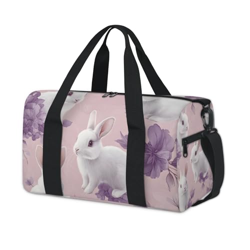 Zestdesign Gym Bag for Women Men Easter Rabbit Weekender Overnight Workout Travel Duffle Sports Tote Purple Flower Waterproof Foldable Sports Bag