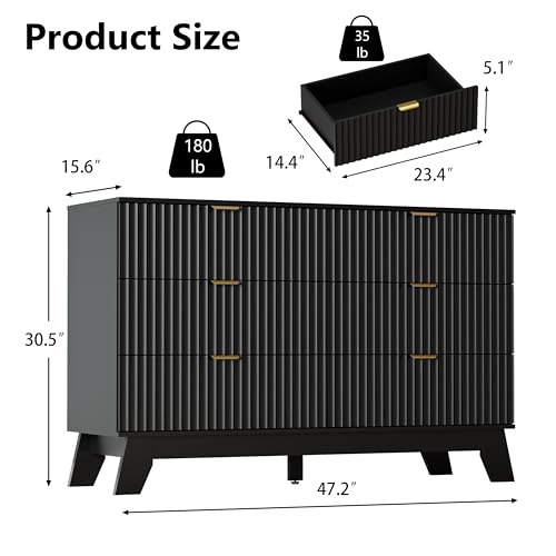 Image of Black Dresser 6 Drawer Dresser for Bedroom, 47''W Fluted Wooden Dresser Storage Cabinet and Chest of Drawers with Metal Handle, Storage Organizer for Living Room, Hallway, Entryway