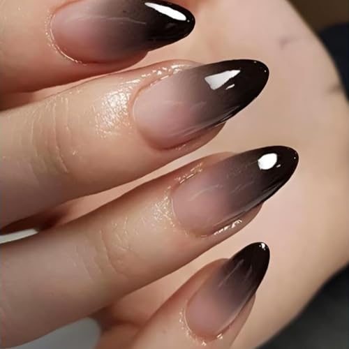 YOSOMK Fake Nails Medium Almond Press on Nails with Designs Ombre Black False Nail Glossy Glue on Acrylic Nail for Women and Girls