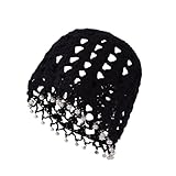 Boho Crochet Beanie Hat with Beads Tassel Fashion Hollow-Out Skull Cap Comfy Lightweight Knit Turban Hat Breathable Casual Headwear (Black)
