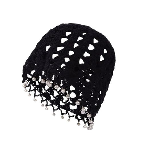 Boho Crochet Beanie Hat with Beads Tassel Fashion Hollow-Out Skull Cap Comfy Lightweight Knit Turban Hat Breathable Casual Headwear (Black)