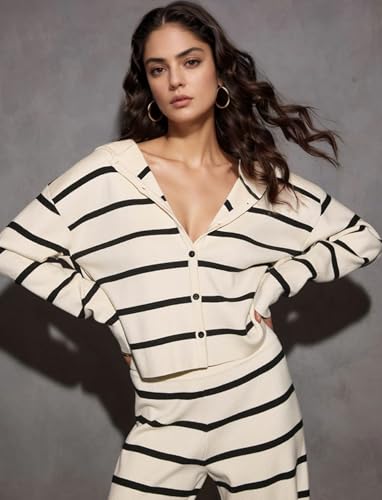 KFUBUO Women 2 Piece Lounge Sets Fall Outfits 2025 Sweatsuits Stripe V Neck Hooded Sweater Wide Leg Pants Set3