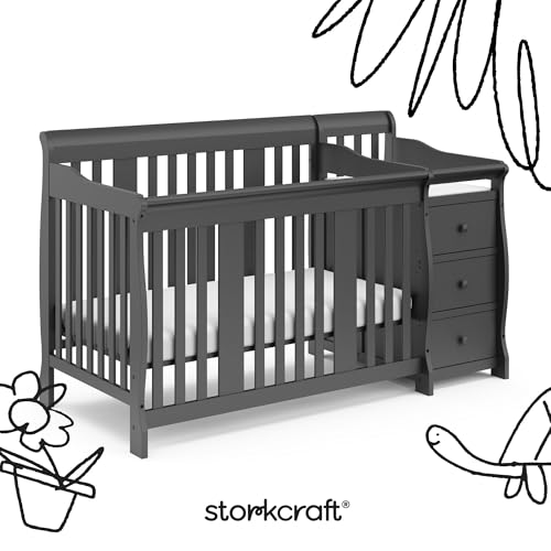 Image of Storkcraft Portofino 5-in-1 Convertible Crib and Changer - Crib and Changing Table Combo with Drawer, Converts to Toddler Bed, Daybed and Full-Size Bed, Storage Drawer (Gray)