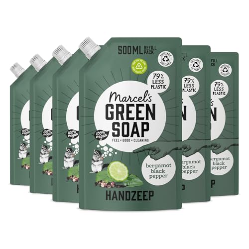 Marcel's Green Soap - Hand Soap Black Pepper & Bergamot Refill - Handwash Refill Pack - Vegan - 97% Biodegradable - 3000 ml, 500 ml (Pack of 6)
