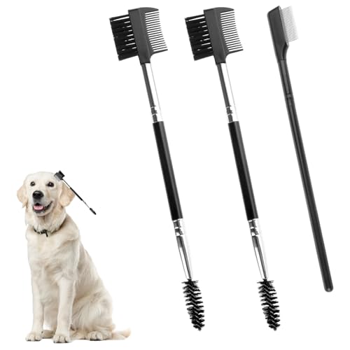 Piriuuo 3 Stück Tränenfleck Entfernung Kamm, Doppelseitige Hund Auge Kamm Bürste 2 Doppelkopfbürsten und 1 Einzelkopfbürste Hund Auge Grooming Kamm für Entfernen von Krusten und Schleim, Fellpflege