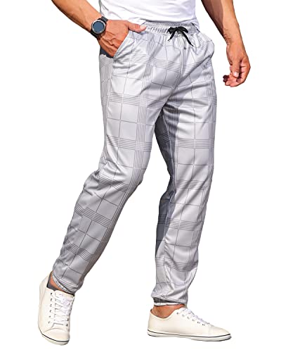 Mens Outdoors Jogger Pants Casual Athletic Drawstring Trousers Slim Fit Stretch Pants Plaid Sweatpants Lightgrey #TOP4
