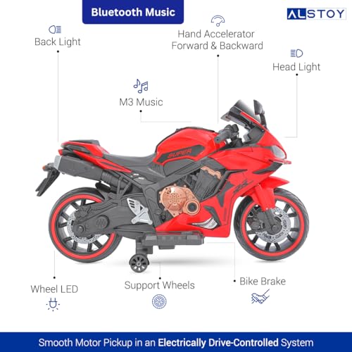 Image of Alstoy RR Kids Electric Toy Ride-On Bike | 12V Rechargeable Battery Operated Bike for Kids | Bluetooth Music | 70kg Capacity | BIS /ISI Approved| Boys & Girls Age 5 to 12| 6-Month Warranty| Large| Red