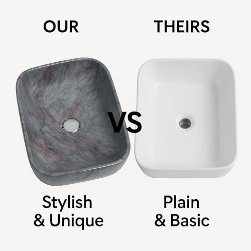 Image of Ceramic Tabletop Wash Basin - Glossy Rectangular Countertop Vessel Sink with Marble Finish for Bathroom & Vanity | Compact 18 x 13 x 5 Inch | Elegant Washbasin