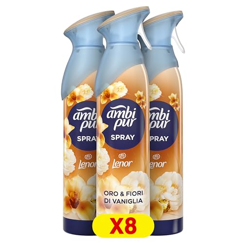 Ambi Pur Deodorante Ambiente Spray, Confezione da 8 Deodoranti, Fragranza Oro e Fiori di Vaniglia, Combatte Gli Odori In Qualsiasi Stanza Della Casa