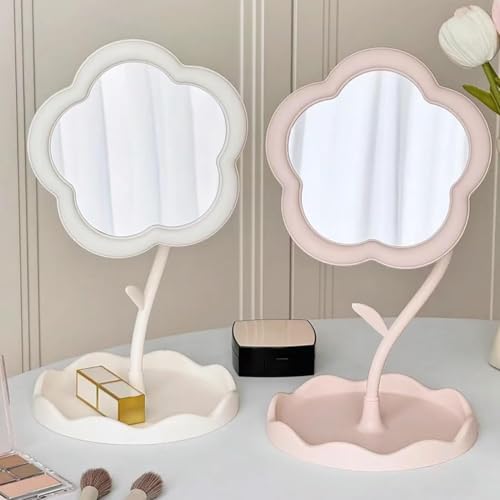Image of Flower-Shaped Makeup Mirror, Rotatable Makeup Mirror with Tray Table Vanity Mirror Cute Flower-Shaped Mirror for Tabletop, Bedroom, Bathroom, Living Room(Multicolour)