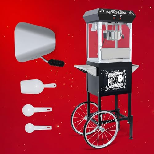 Image of Popcorn Machine with Cart - 8oz Popper with Stainless-steel Kettle, Heated Warming Deck, and Old Maids Drawer,Black