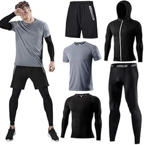 Holure Men’s Sports Running Set (Pack of 4 or 5) Athletic Shirt+Short/Compression Shirt+Pants with Coat Tracksuit Gym Suits
