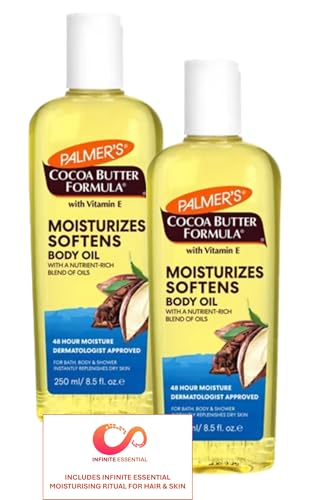 Image of Palmer’s Cocoa Butter Formula Moisturising Body Oil with Vitamin E, Fast-Absorbing, Non-Greasy Hydration for Dry Skin- 2x250ml Bottle- Inc. Infinite Essential Moisturising Ritual For Hair & Skin Guide