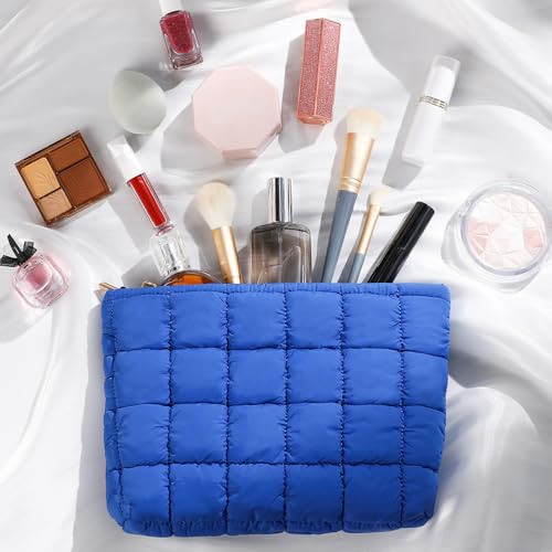 Hillban Puffy Quilted Makeup Bag Quilted Cosmetic Bag Cute Puffer Toiletry Checkered Pouch Aesthetic Travel Makeup Brushes Organizer(Blue,Classic)3