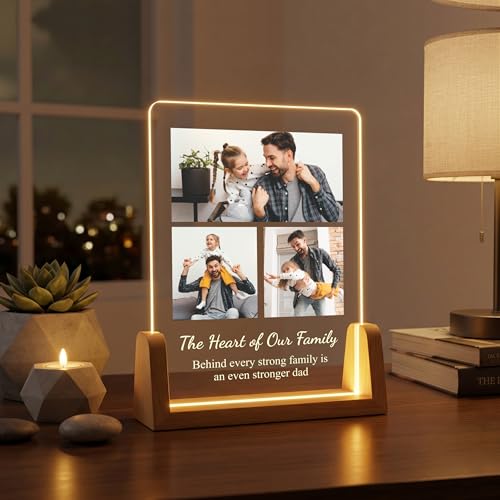Image of Giftplease Personalized Fathers Day Rectangular Acrylic Wood Tabletop Photo Frame | Custom Picture Layout Warm Led Light Base Desktop Night Decor Standee for Dad Papa Husband Stepdad Grandfather