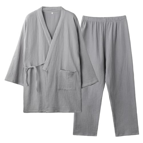 [レコーン] パジャマ メンズ 綿100% 春 ルームウェア 上下セット 甚平 部屋着 二重ガーゼ 7分袖 前開き 薄手 和風 柔らかい 肌に優しい 吸汗 通気性 ゆったり 軽量 無地 紳士 入院着 春 夏 秋 父の日の商品画像（Amazon）
