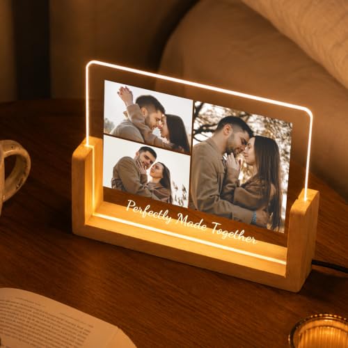 Image of Giftplease Personalized LED Acrylic Photo Frame with Custom Picture and Text, Couple Memory Night Lamp, Wooden Base Table Decor, Romantic Bedroom Display, Home Accent Art, Anniversary Decor, Wedding