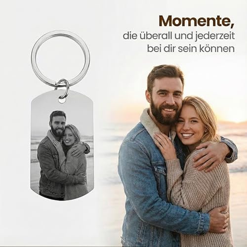 WORKIRAN Personalisierter Schlüsselanhänger mit Fotogravur und Liebestext, Schwarz-Weiß Dog Tag Anhänger, Individuelles Paar-Geschenk mit Beidseitigem Druck