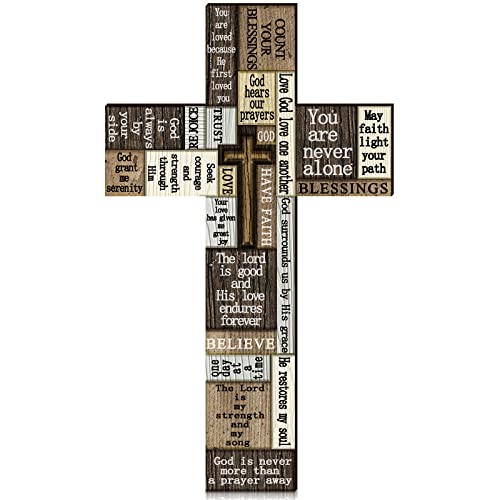 Wooden Cross Wall Decor 14 Inch Christians Wall Art Sign Religious Faith Easter Crosses Plaque with Inspirational Words and Saying Hanging Wood Cross Decor for Home Party Indoor Outdoor Farmhouse