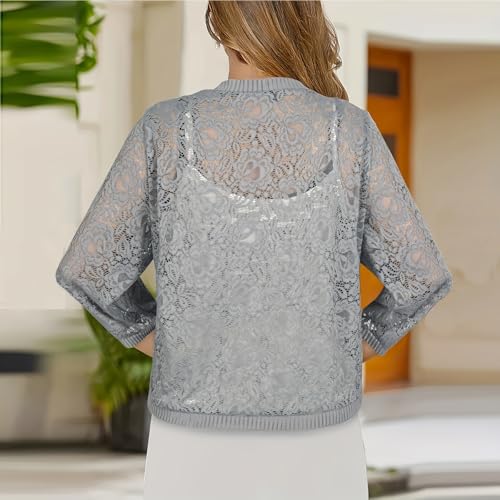 Womens Lace Cropped Cardigan Lightweight Trendy 3/4 Length Sleeve Open Front Short Jackets Casual Elegant Coats2
