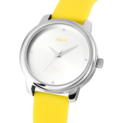 Image of Helix by Timex Analog Watch for Women with Silver Round Dial & Yellow Silicone Strap Band Water Resistant Women's Wrist Watches - TW048HL13