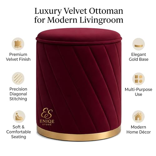 Image of Luxury Round Velvet Ottoman Stool with Gold Base - Modern Upholstered Footrest Pouffe, Tufted Vanity Seat, Living Room Bedroom Dressing Stool (Maroon)