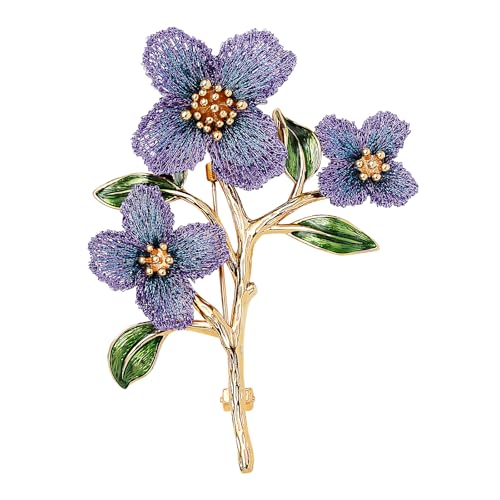 Image of Forget me not Flower Brooch Handmade Gold Thread Embroidered and hand-Drip Enamel leaf, Gradient Botanical Floral Brooch pins for women, SHE'S FREE STYLE JUST FOR YOU [Bencao Gangmu Series]Vintage Plant Jewelry