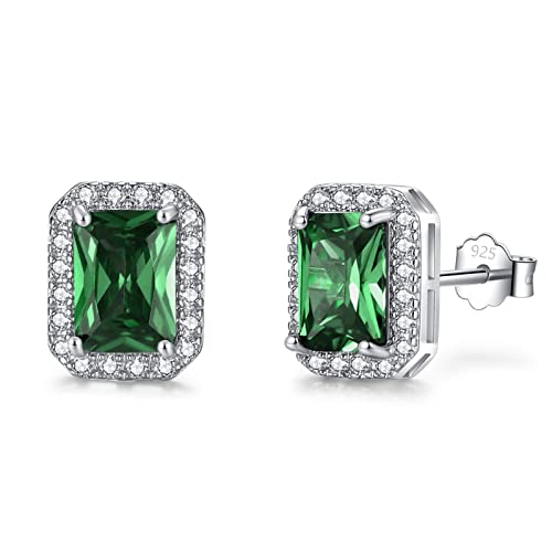Image of 925 Sterling Silver May Birthstone Emerauld Stud Earrings for Women, White Gold Plated Rectangle Cubic Zirconia Stud Earring, Birthday Gift Brides Bridesmaids Wedding Present