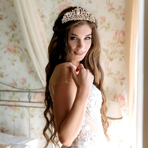 Image of Fesciory Birthday Crown for Women, Gold Plated Crystal Tiara with Sash