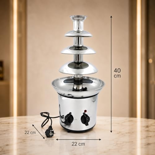 Image of Electric Chocolate Fountain Machine with Stainless Steel Tower | 4-Tier Chocolate Fountain | Motor & Heating Control for Parties, Hotels, Catering & Events (Silver)