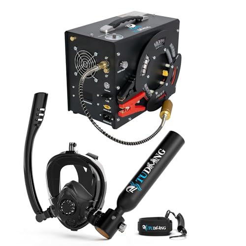 Kit de Tanque de Buceo TUDIVING de 0.5L, Mini Cilindro de oxígeno con máscara de Snorkel Facial Completa, Tanque pulmonar portátil con compresor de Aire (S200Plus Black A4)
